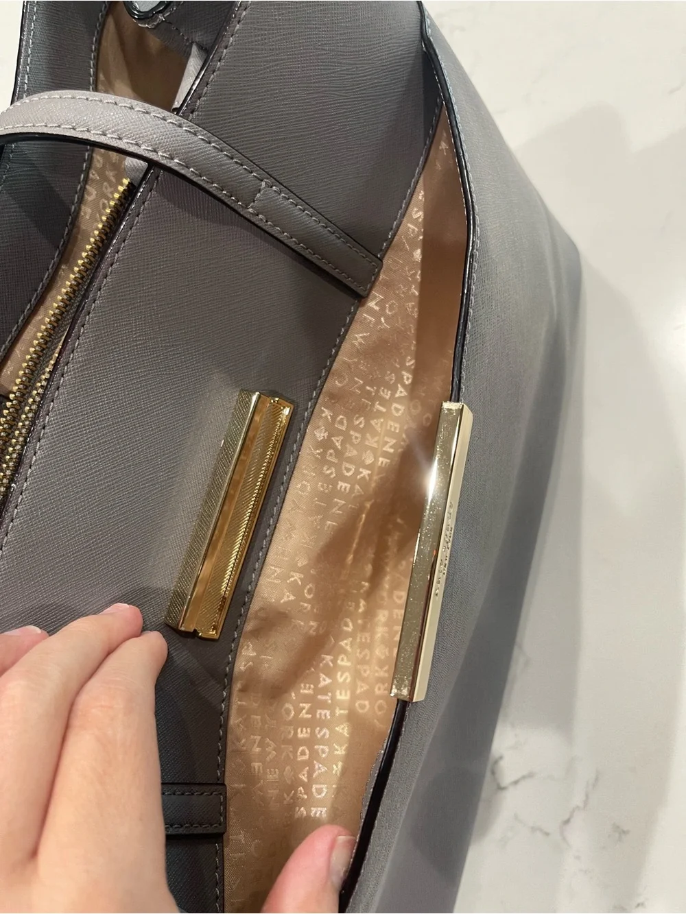 kate spade Gray Structured Saffiano Tote with Gold Plaque